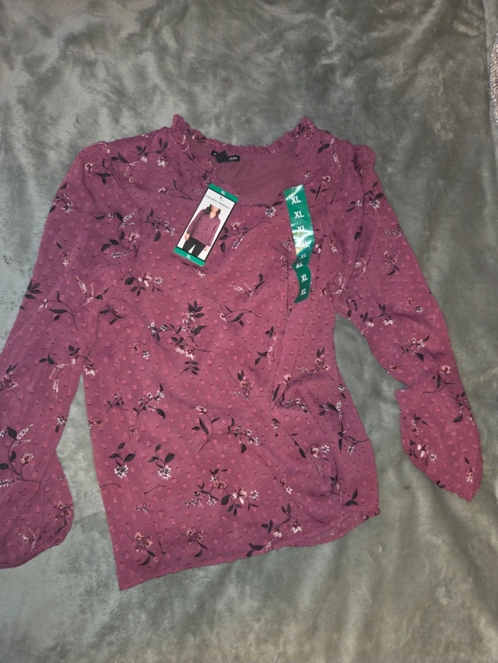 Hilary Radley Burgundy Floral Textured Long-Sleeve Scoop Neck Blouse